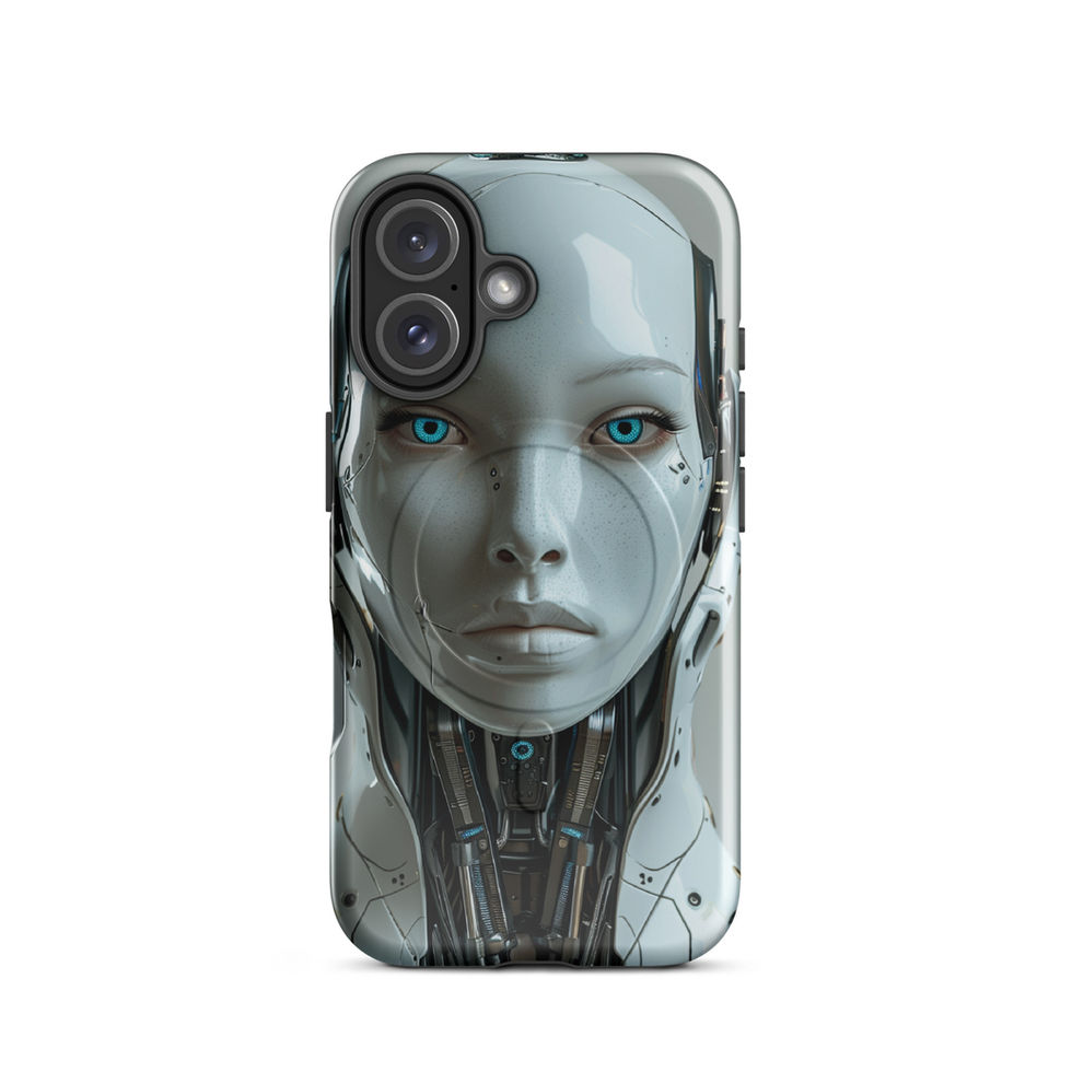 Aether Sentinel silver android with luminous cyan eyes; front product view on an iPhone® MagSafe Tough Case.