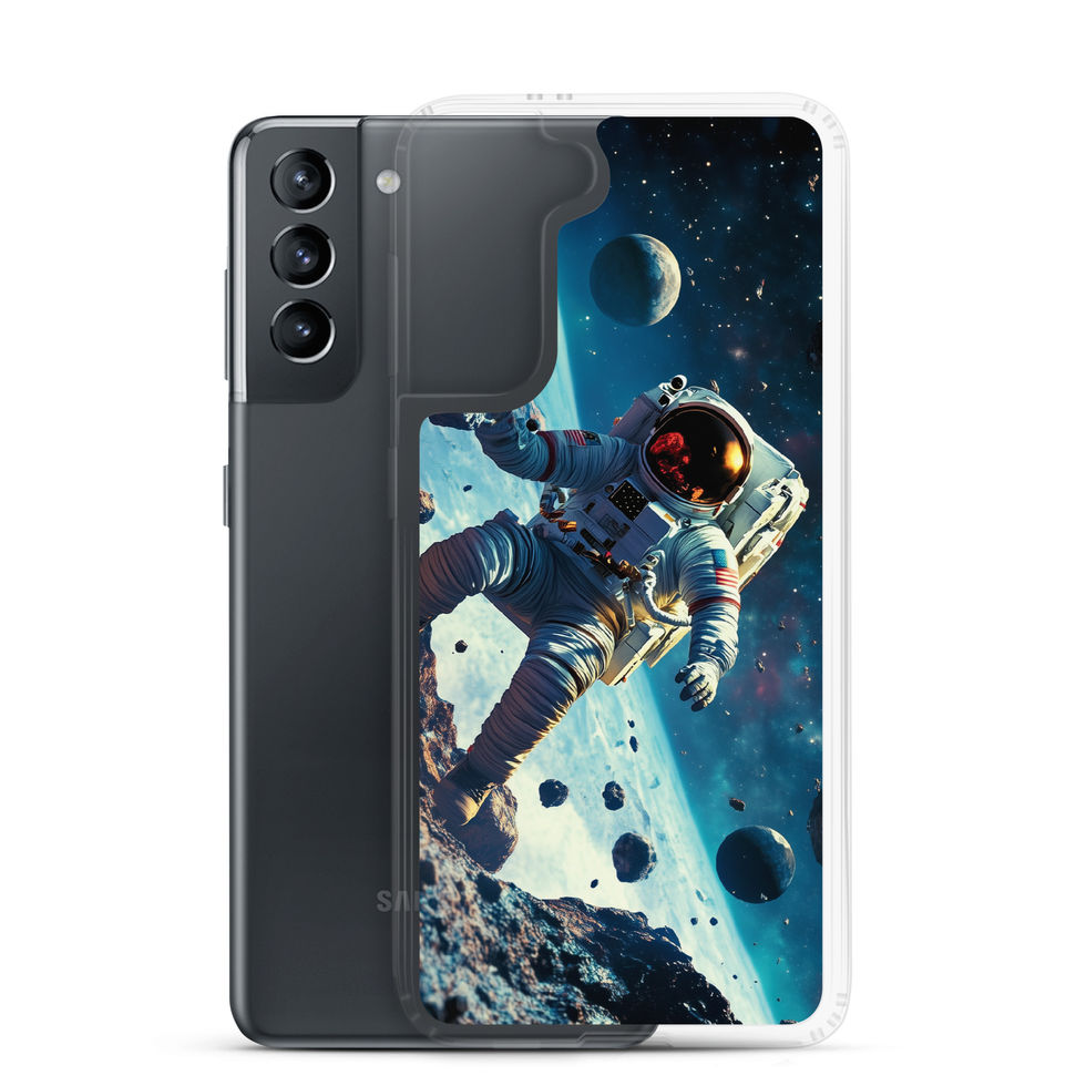 Asteroid Drift clear case on Samsung Galaxy S22 Plus, astronaut and blue space artwork over a light phone finish