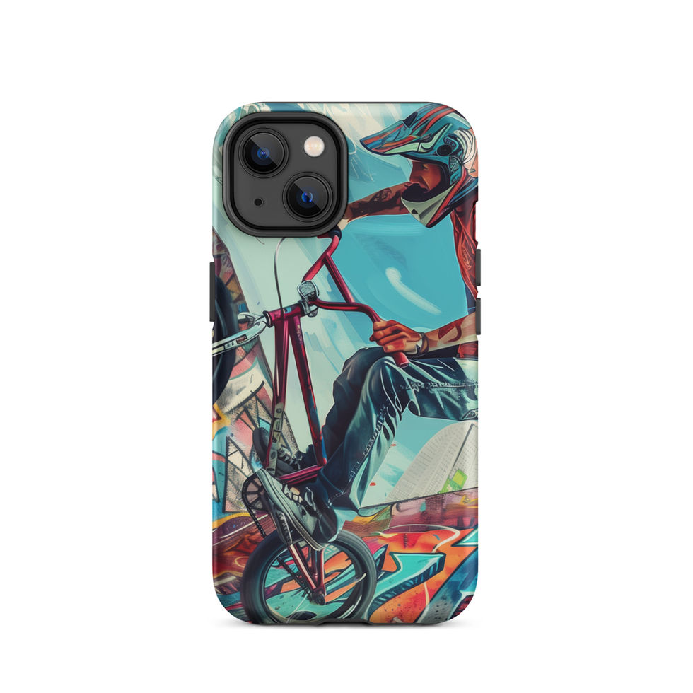 Urban Freestyle Tough case for iPhone 14, BMX rider and colourful graffiti, rear view on white background