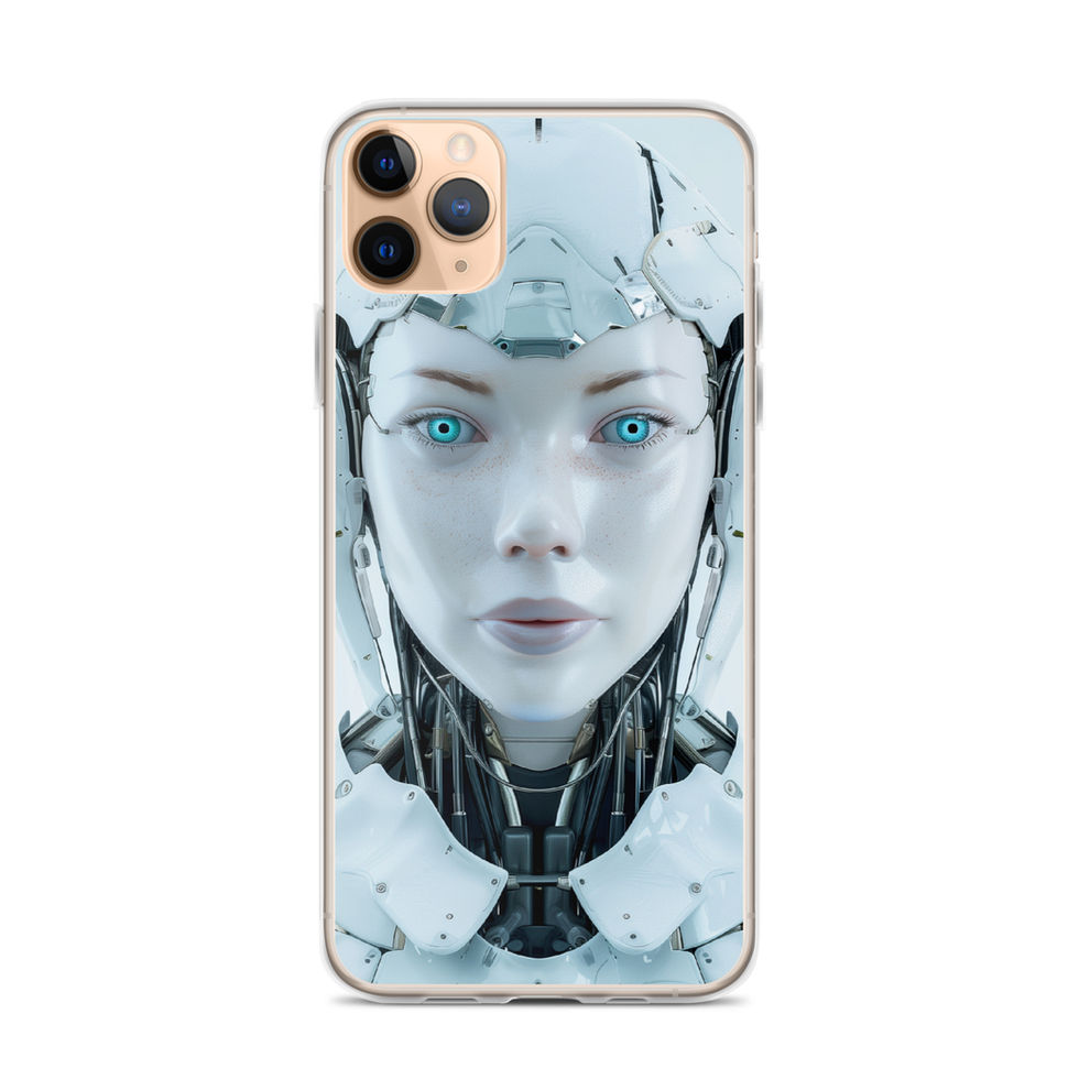 AI Celestia clear iPhone case with icy aqua-eyed female android – angled case mockup