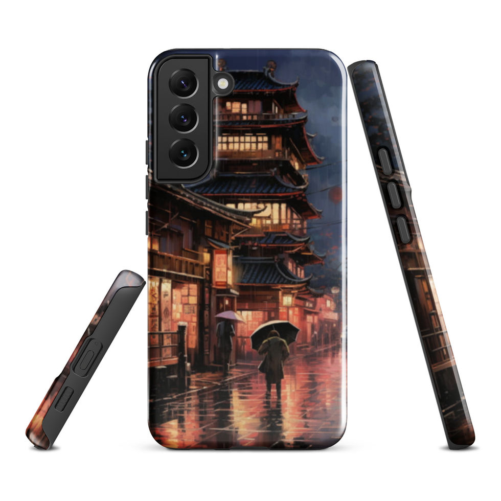 Rainy Kyoto Nights Samsung tough case, back and side views; back artwork showing an umbrella beneath warm lanterns.