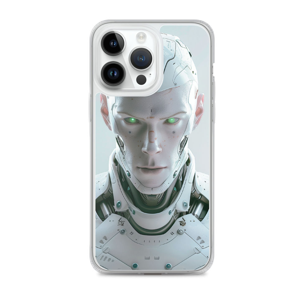 Futuristic robot face with intricate neck mechanics; angled case mockup on an iPhone® Clear Case.