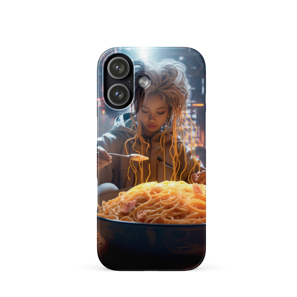 Cyber Noodle Feast iPhone snap case, back artwork contrasting a black bowl with golden noodles.