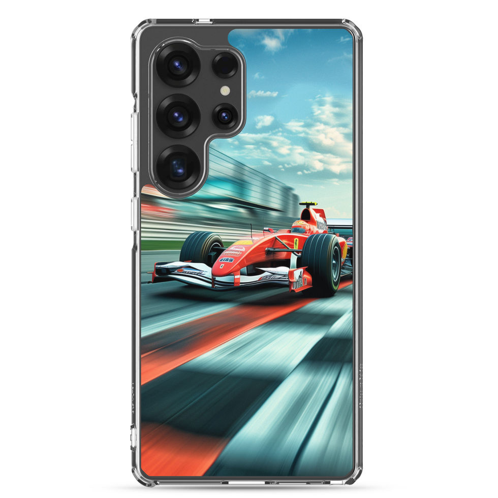 Victory Lap Clear case for Galaxy S25 Ultra, red race car on teal track, rear view on white