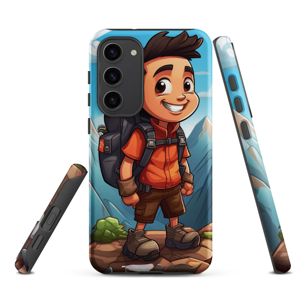 Trailblazer Samsung Tough Case featuring hiker standing among rocks on the protective back