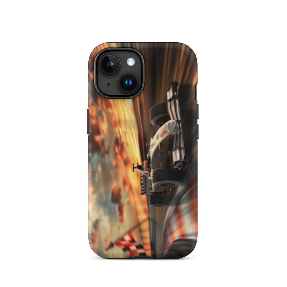 Sunset Speed Tough case for iPhone 15, dark race car on golden sunset track, rear view on white background