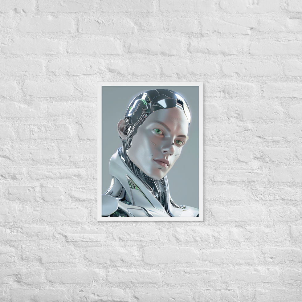 Futuristic Visionary framed poster: pale face leaning right above exposed neck circuitry