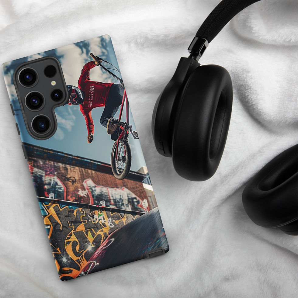 Skybound Stunt Tough case for Galaxy S23 Ultra, BMX rider above graffiti ramps, beside headphones on grey fabric