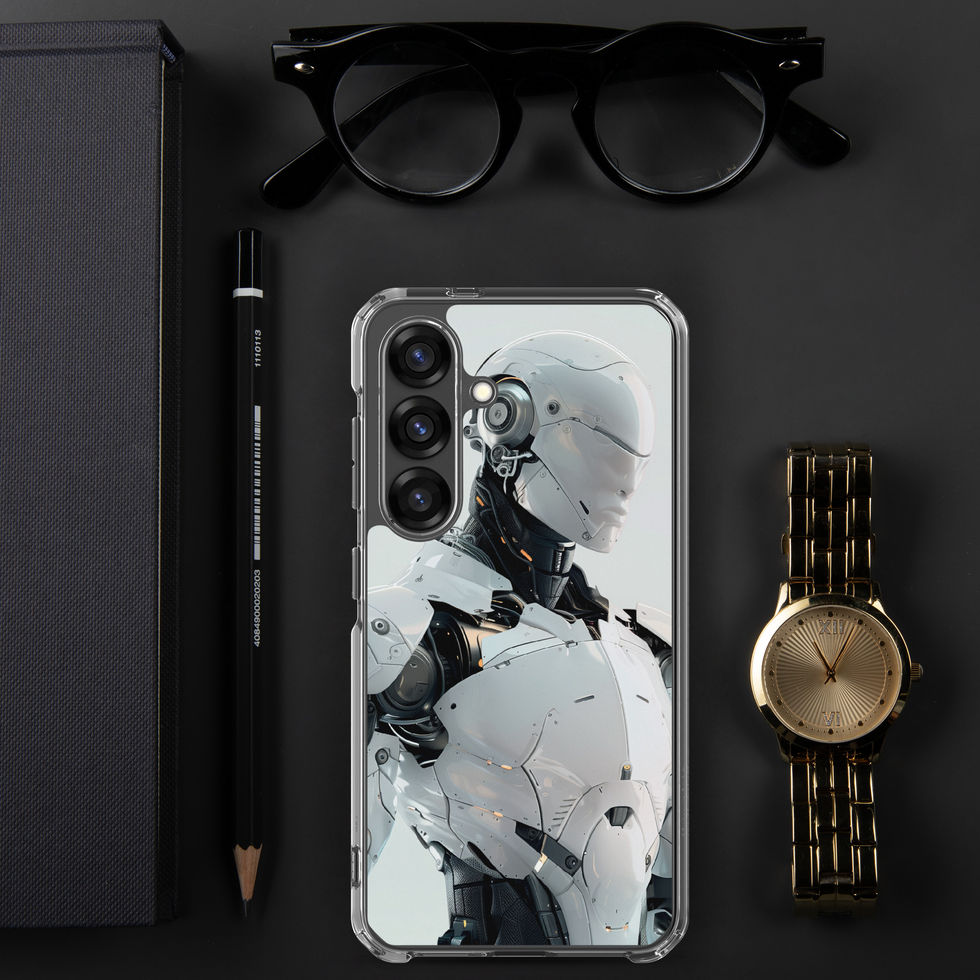 Titan Vanguard clear Samsung case, tall Samsung case mockup with white robot profile and grey texture
