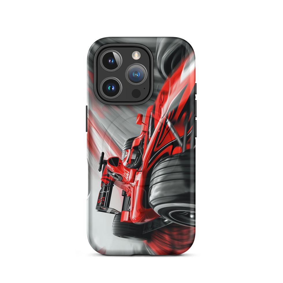 Victory Rush MagSafe Tough case for iPhone 16 Pro, red race car and grey streaks, rear view on white