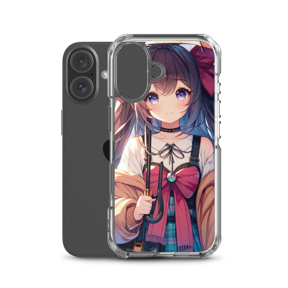 Rainy Day Elegance clear iPhone case beside its phone, rear view of a soft-coloured anime portrait in the rain.
