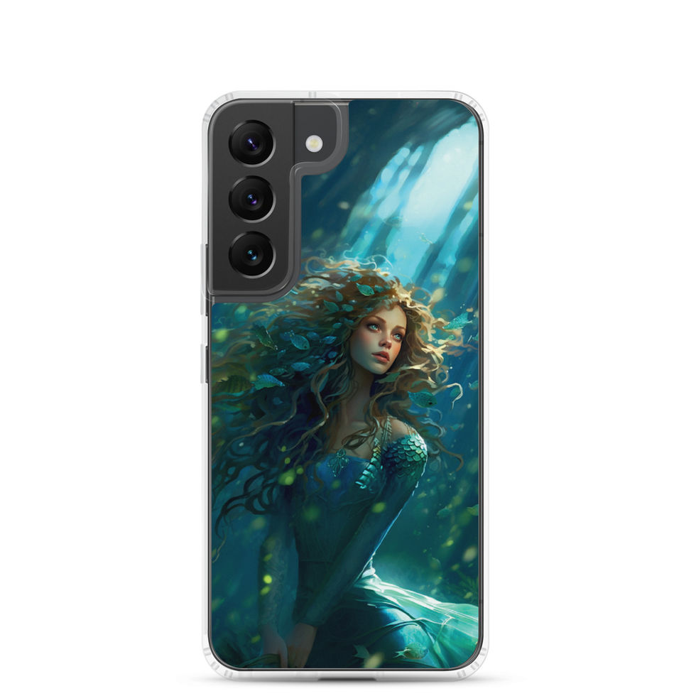 Ocean Enchantress clear Samsung case showing a female figure amid sea-green vegetation.