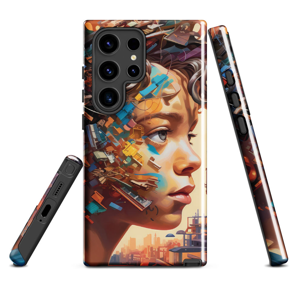 Constructed Dreams tough Samsung case with mechanical surreal artwork, upright studio view, image 10