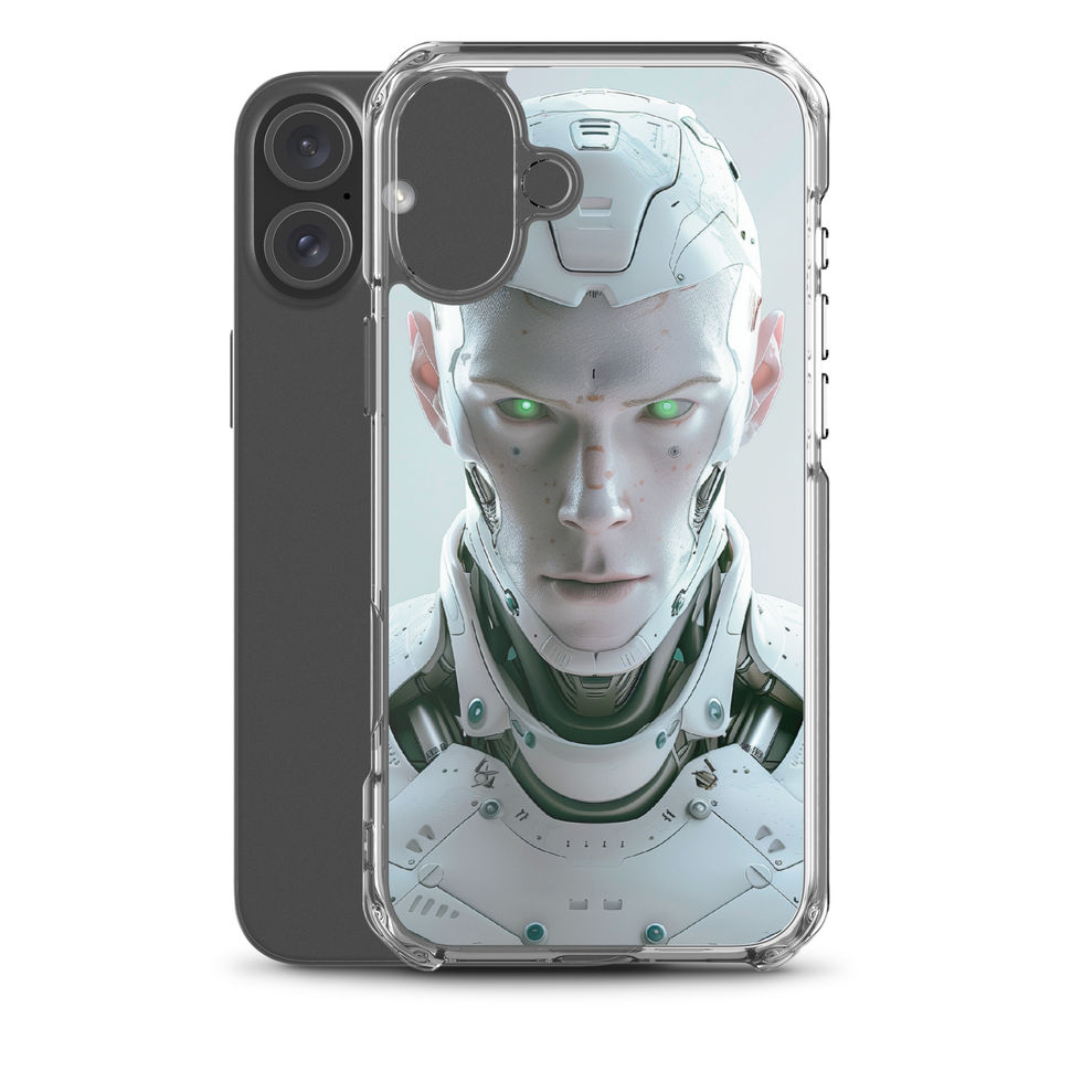 Cybernetic Vanguard robot artwork with mechanical armour; studio case preview on an iPhone® Clear Case.