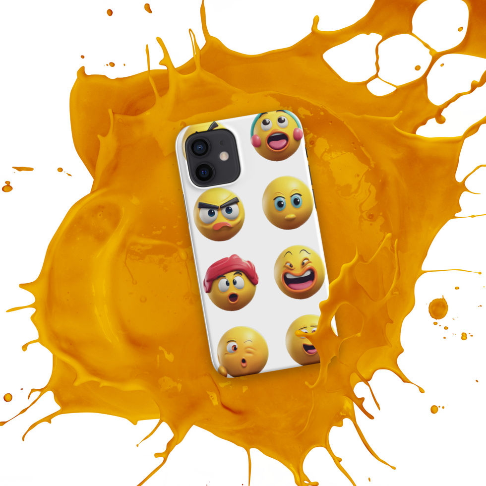 Emoji Frenzy snap iPhone case showing two-column emoji grid across its phone back, over an orange paint splash.