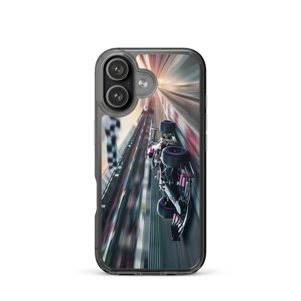 Midnight Velocity Clear case for iPhone 17, race car and night lights, rear view on white