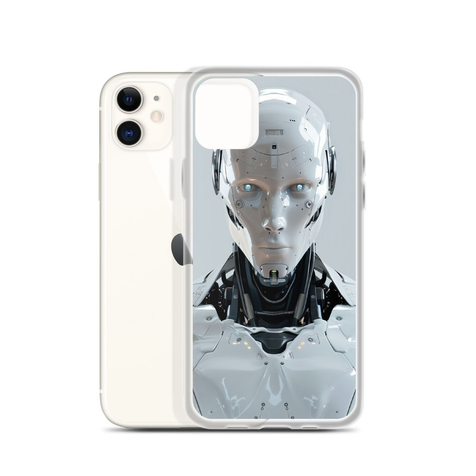 blue-eyed science-fiction sentinel on iPhone clear protective case, product mockup with camera cutout visible