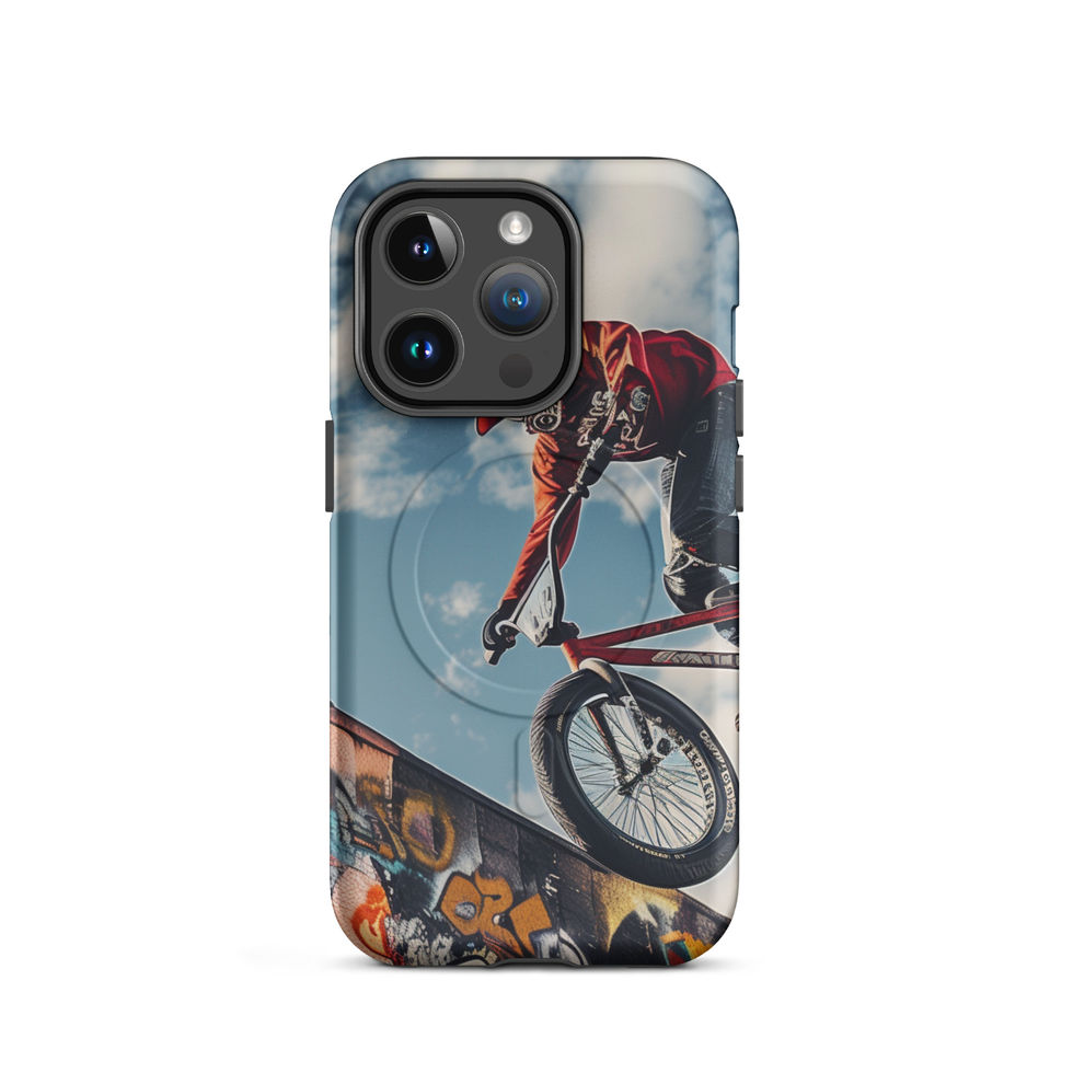 Graffiti Air MagSafe Tough case for iPhone 14 Pro, BMX rider above graffiti ramp, rear view on white