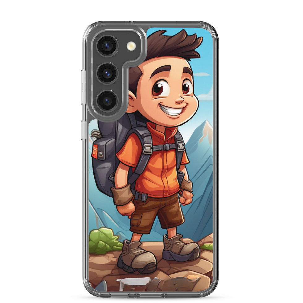 Trailblazer clear Samsung phone case showing cheerful face beneath dark hair in rear case mockup