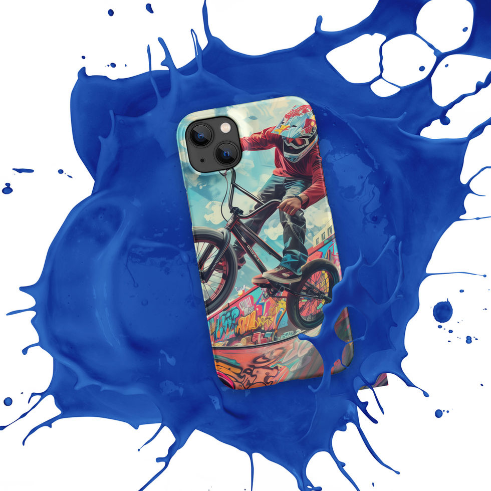 Urban Thrill Snap case for iPhone 14 Plus, BMX rider above graffiti ramp, blue paint splash background