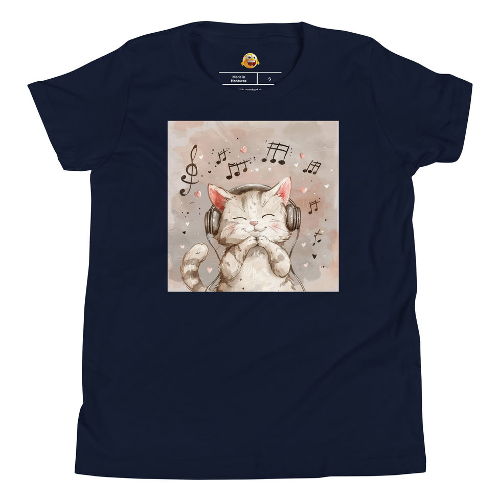 Melodic Kitty Joy: navy blue youth short-sleeve T-shirt with headphone-wearing kitten and music notes