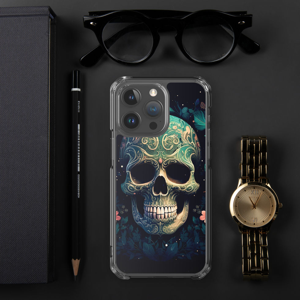 Emerald Requiem clear iPhone case showing a dark case with detailed green skull art