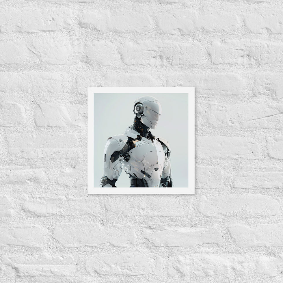 Future Sentinel framed poster: exposed machinery between the robot’s neck and chest plates