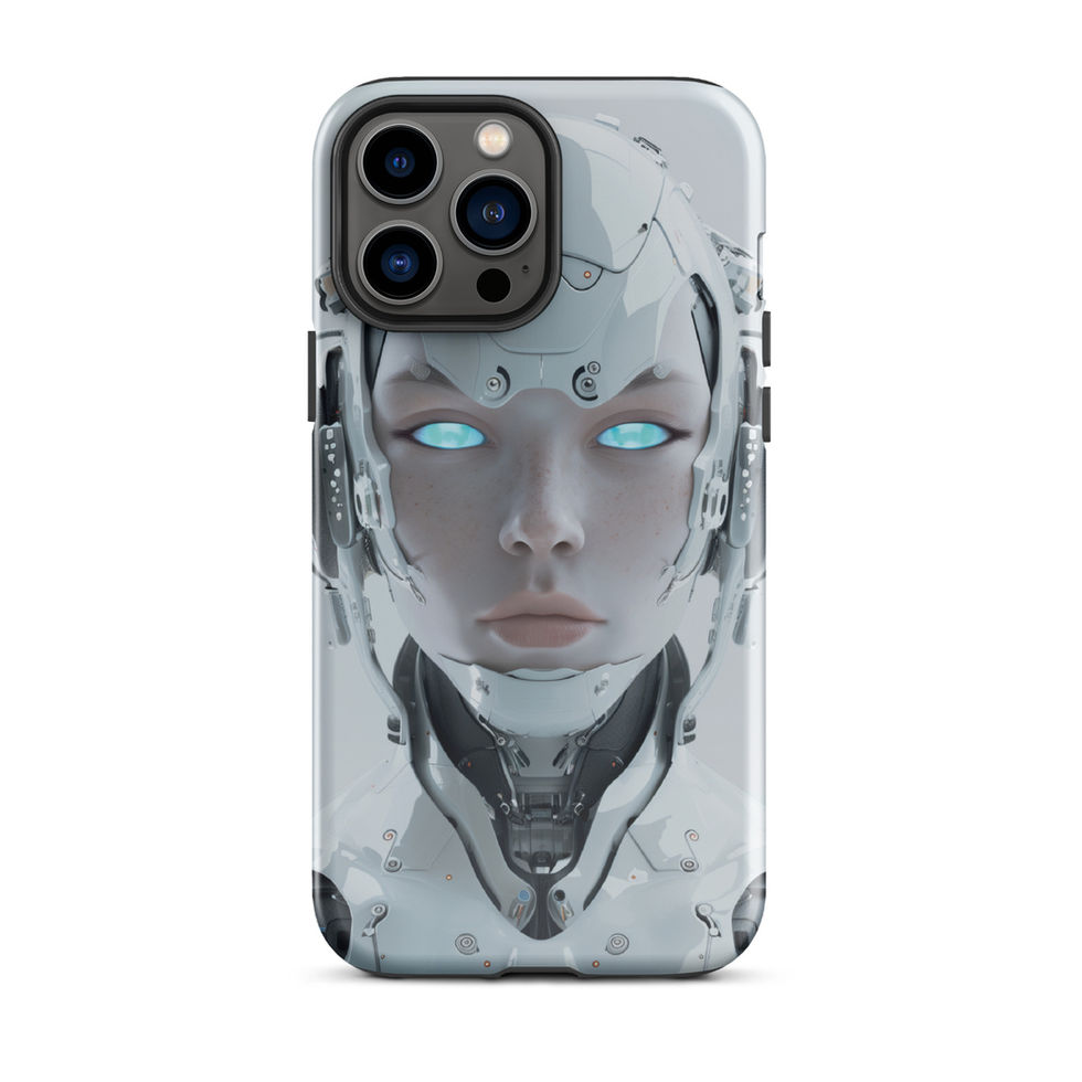 Centred robot portrait with angular forehead armour; close-up detail on an iPhone® Tough Case.