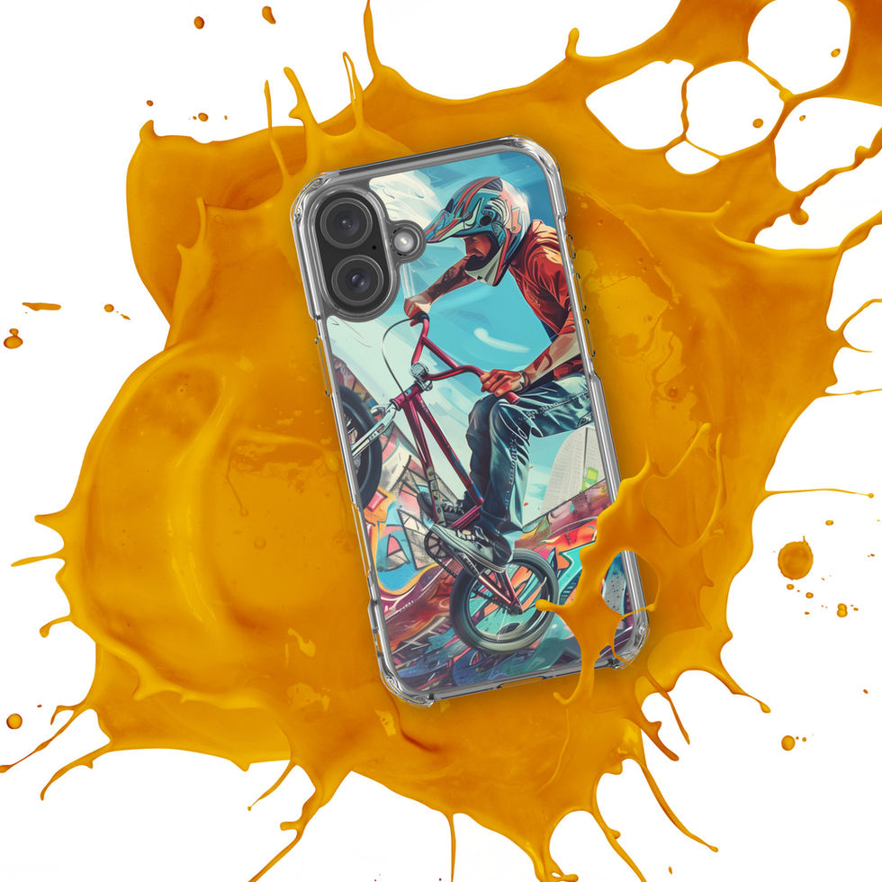 Urban Freestyle Clear case for iPhone 16 Plus, BMX rider and colourful graffiti, orange paint splash background