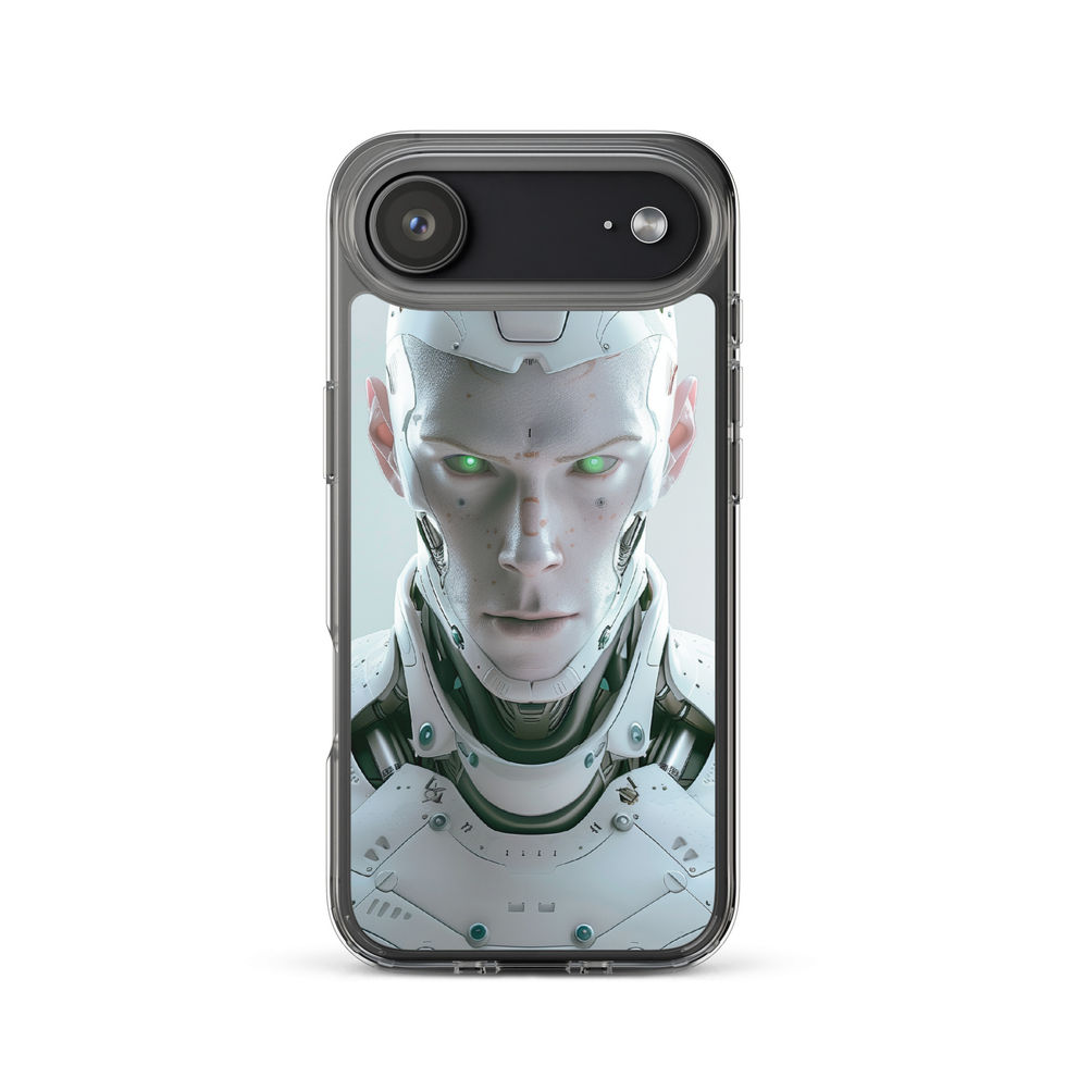 Pearl-white AI guardian with disciplined expression; full artwork view on an iPhone® Clear Case.