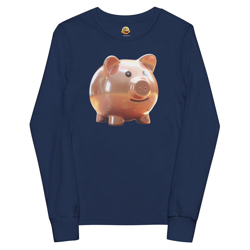 Golden Savings: navy blue youth long-sleeve T-shirt with shiny golden piggy bank