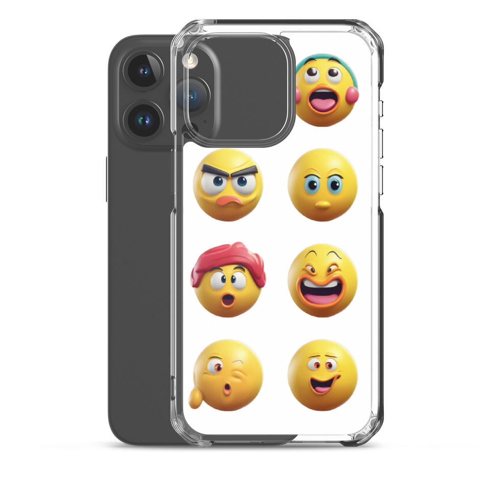 Emoji Frenzy clear iPhone case with a clear rear shell and six bright faces.