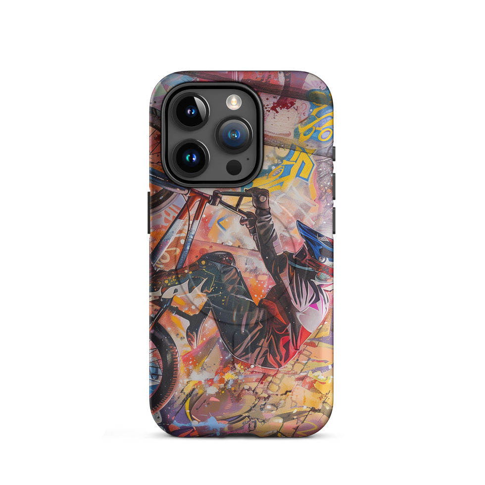 Graffiti Grind MagSafe Tough case for iPhone 15 Pro, BMX rider amid pink and yellow graffiti, rear view on white