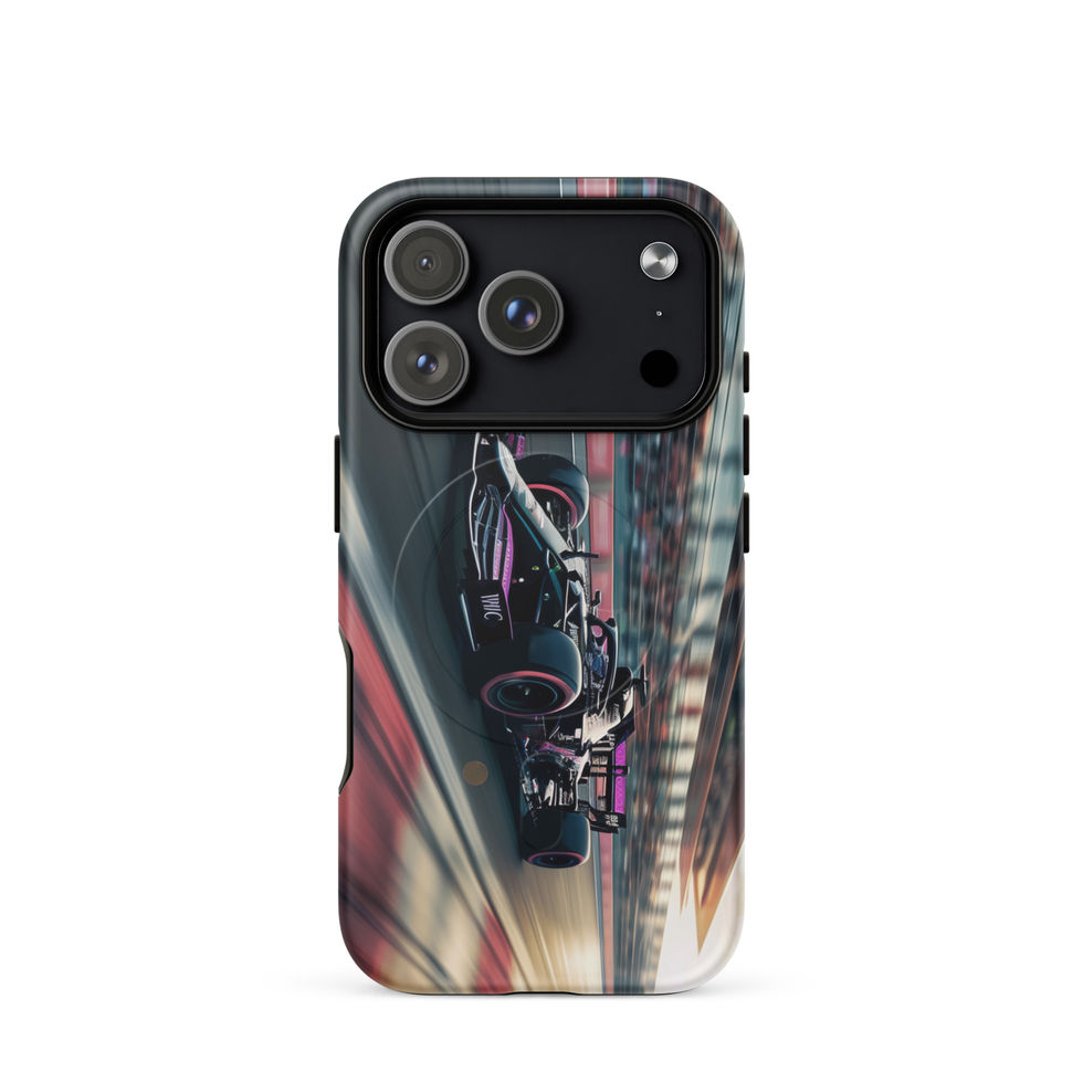 Black n Purple Power MagSafe Tough case for iPhone 18 Pro, black and purple race car artwork, rear view on white