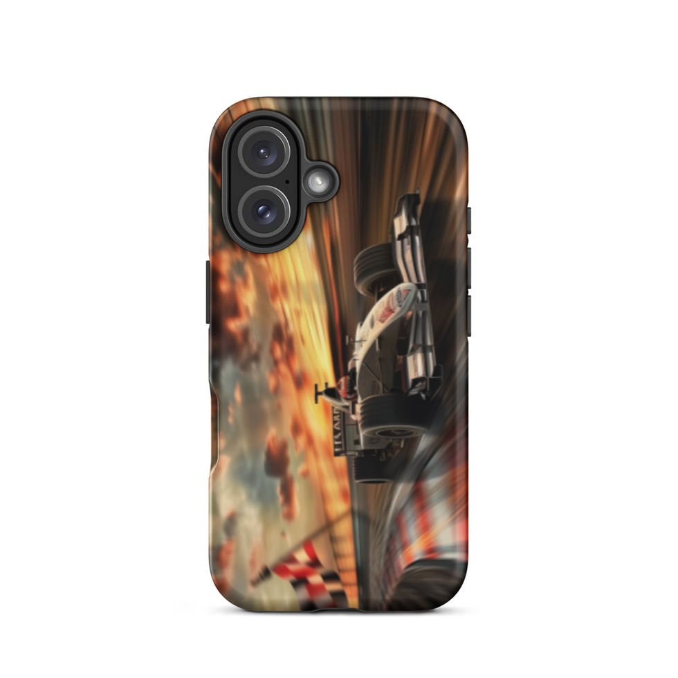 Sunset Speed Tough case for iPhone 16, dark race car on golden sunset track, rear view on white background
