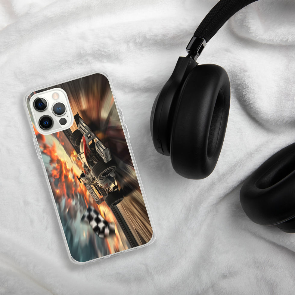 Final Lap Fury Clear case for iPhone 12 Pro, black race car and fiery flag, headphones on pale fabric