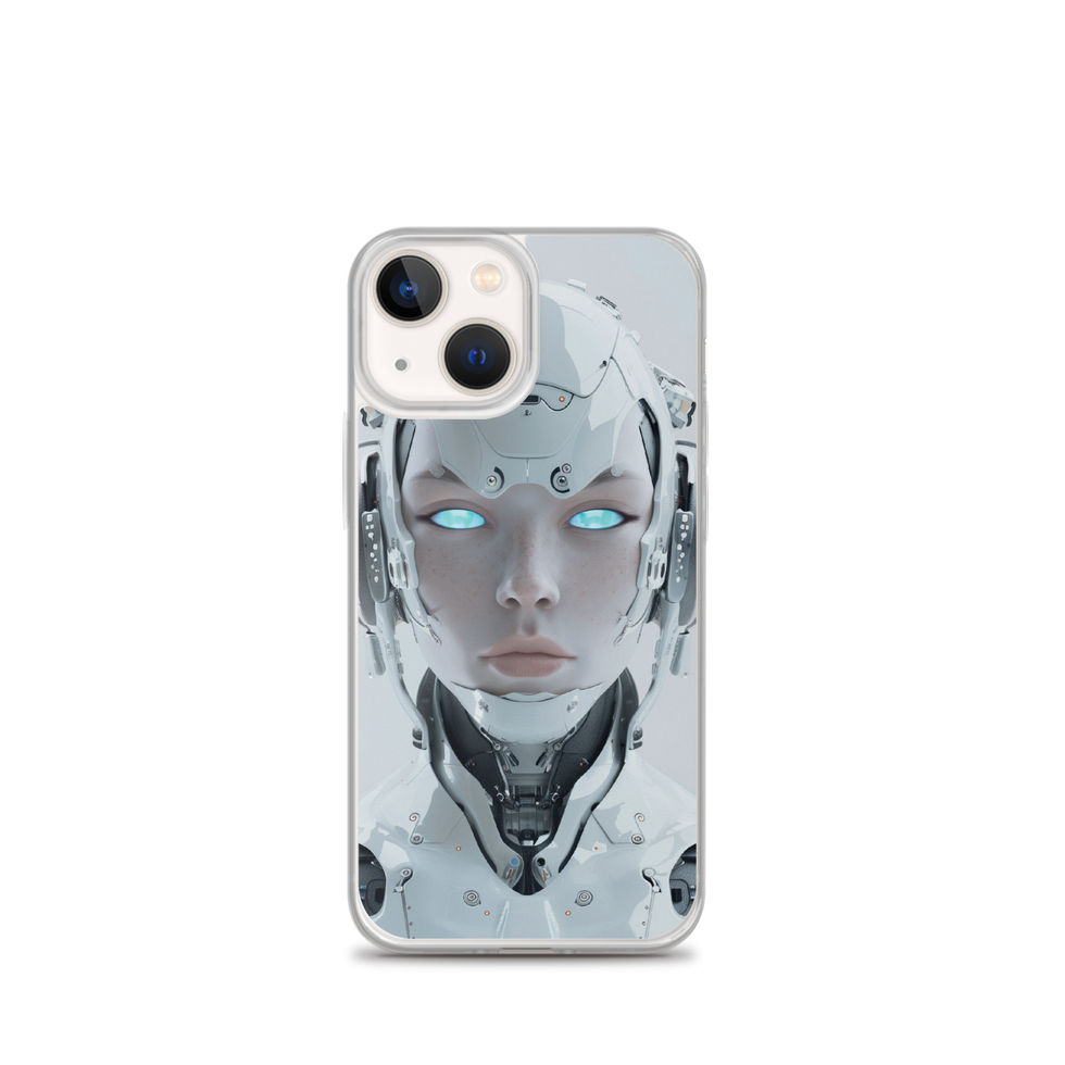 Cybernetic portrait with silver cheek panels; close-up detail on an iPhone® Clear Case.