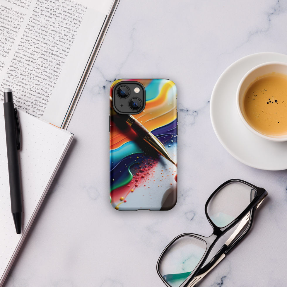 Back view of the iPhone case showing a sharp black diagonal dividing the colours near a notebook.