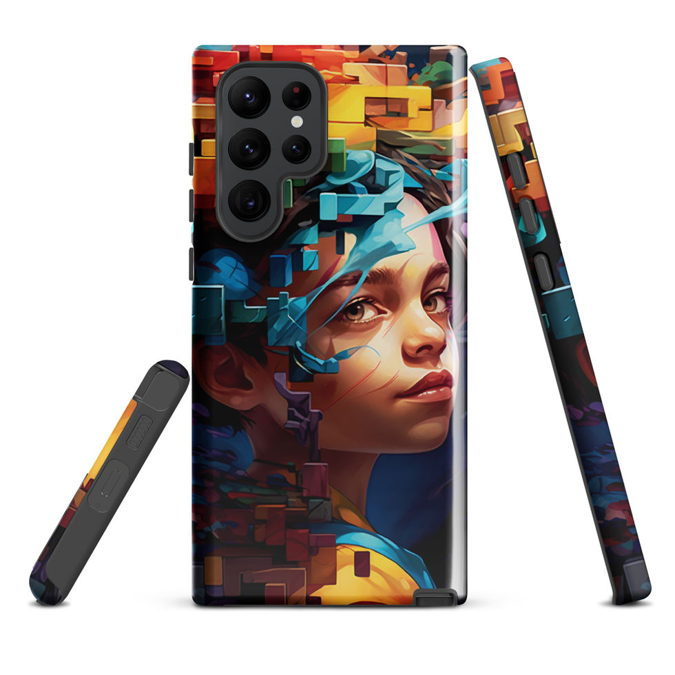 Neon Mindscape tough Samsung phone case with vivid geometric portrait artwork, side profile