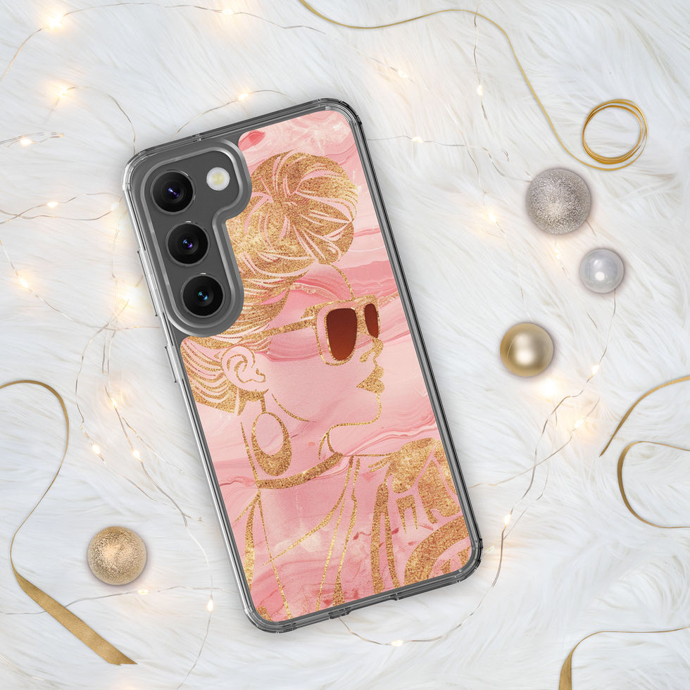 Samsung clear case displaying the Golden Luxe heart accent amid blush and gold botanical shapes.