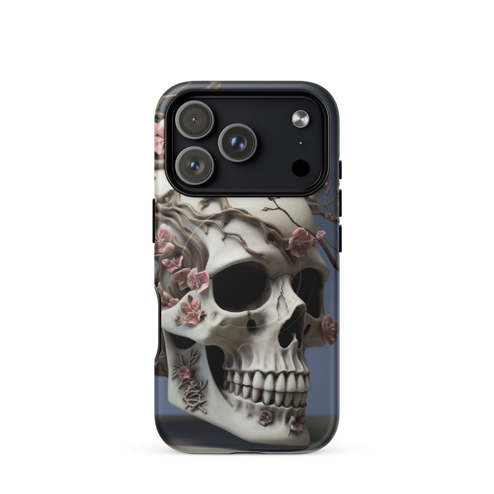 Ethereal Bloom case with pink petals and foliage beside a detailed skull