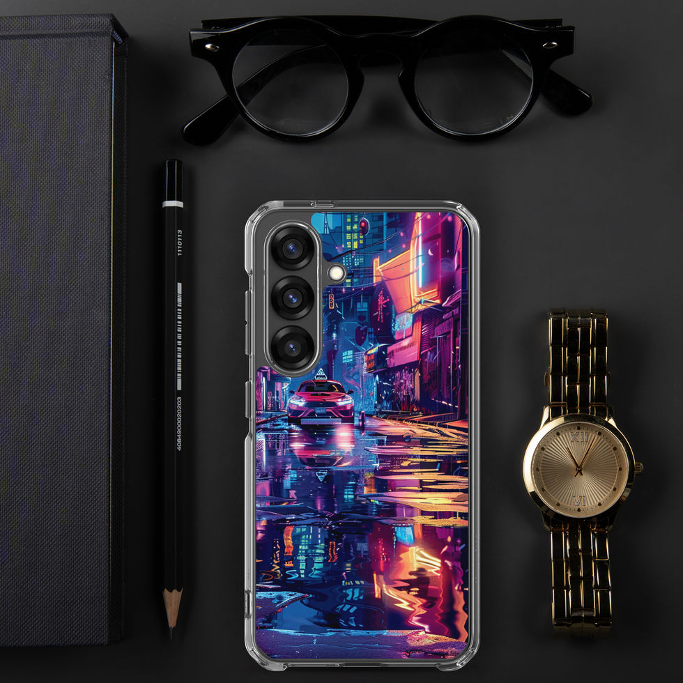 Clear Samsung case featuring Neon Alley art: bright storefront colours mirrored on the road.