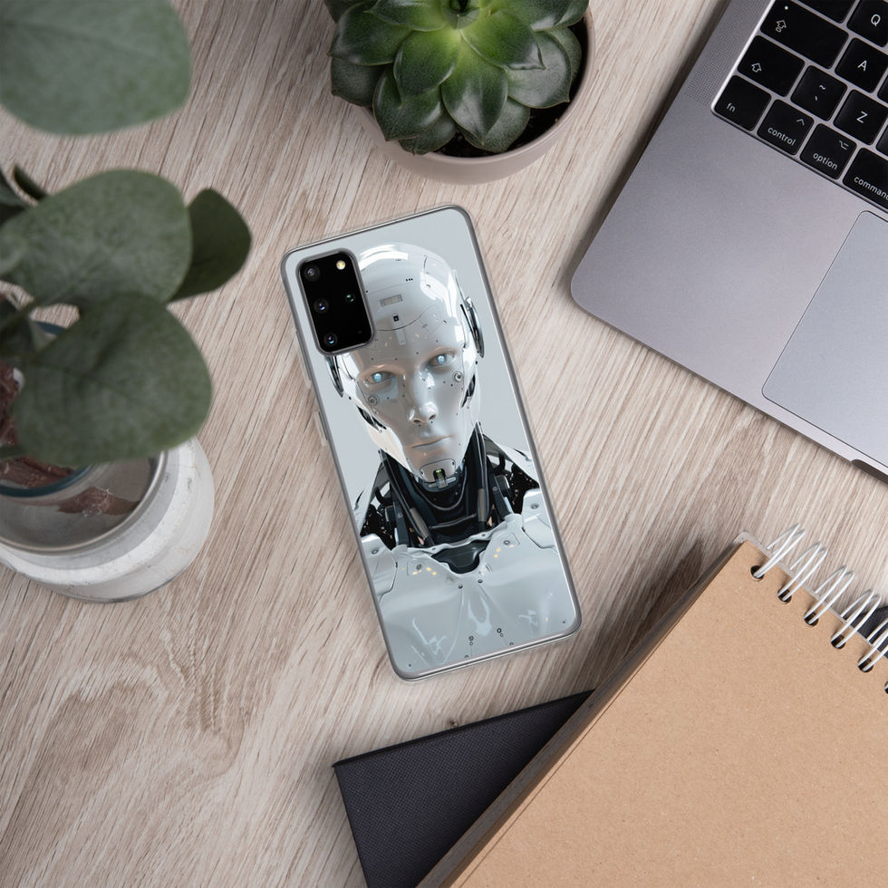 forward-facing humanoid machine on Samsung clear protective case, product mockup with camera cutout visible