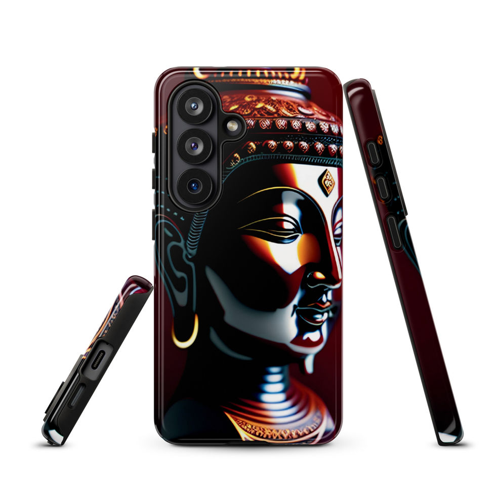 Majestic Buddha Head Samsung tough case, back and side views; a three-quarter portrait with luminous contours.