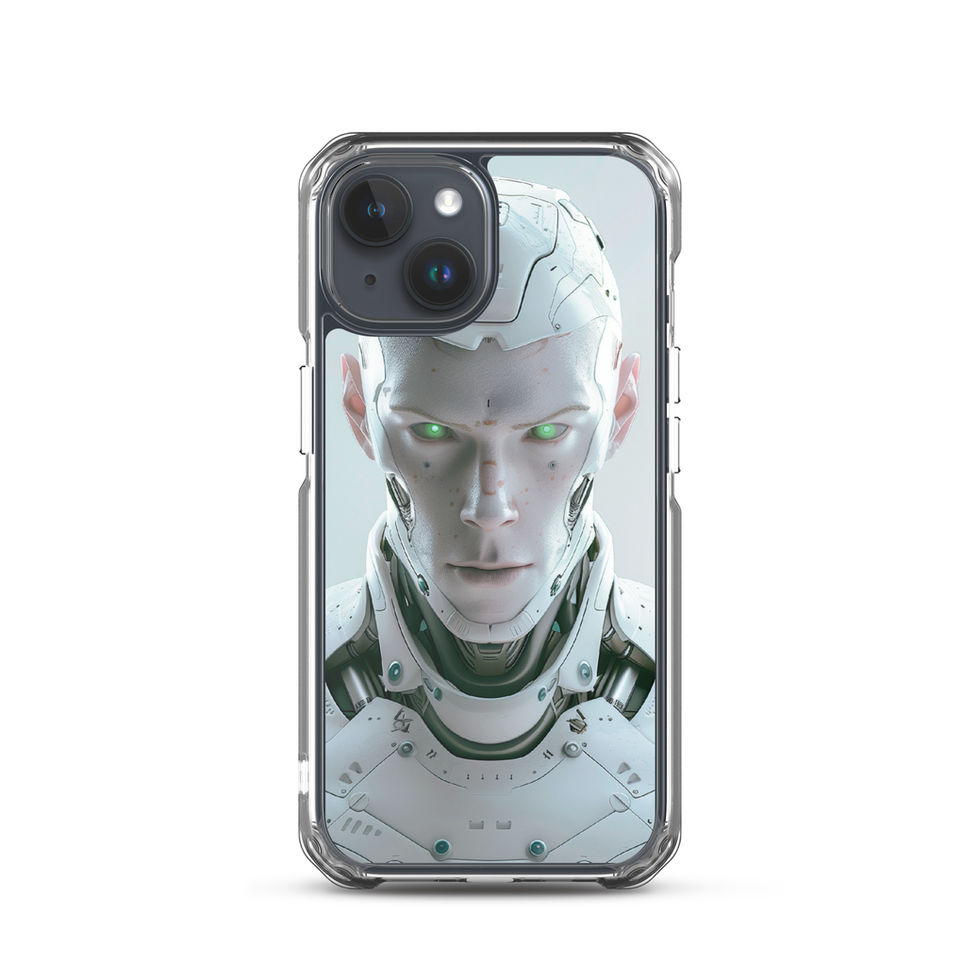 Pearl-white AI guardian with disciplined expression; studio case preview on an iPhone® Clear Case.