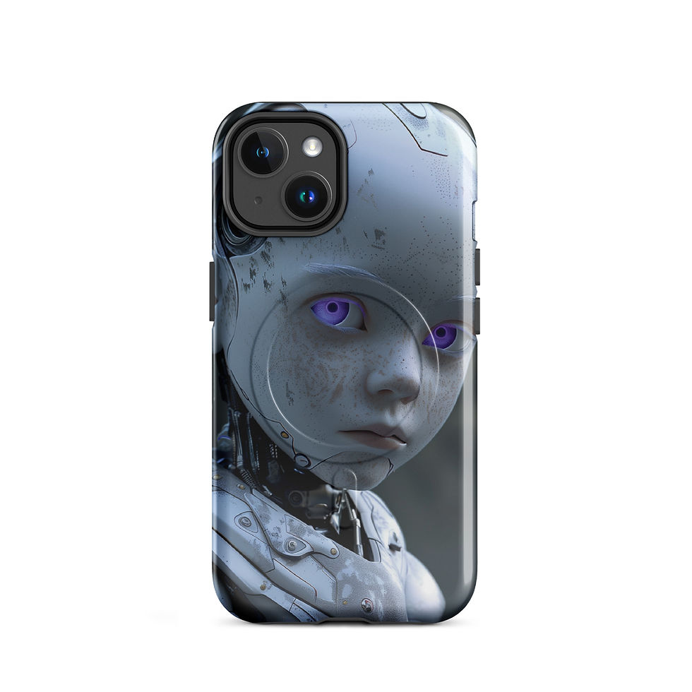 Front view of Violet Reverie MagSafe Tough Case for iPhone with futuristic robot artwork