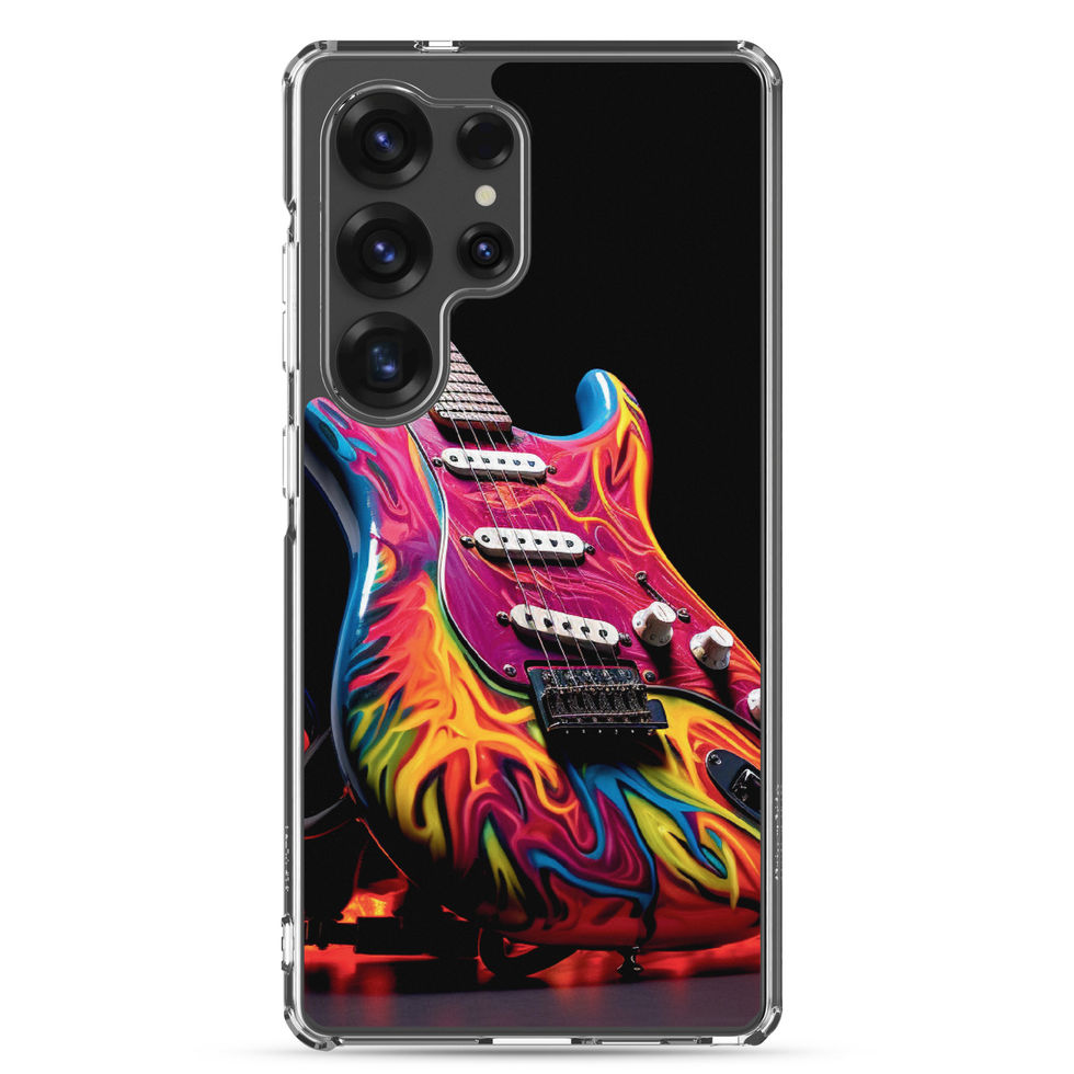 Flaming Riffs clear Samsung case angled rear view in a pale minimalist surface, featuring the flame-wrapped guitar artwork.