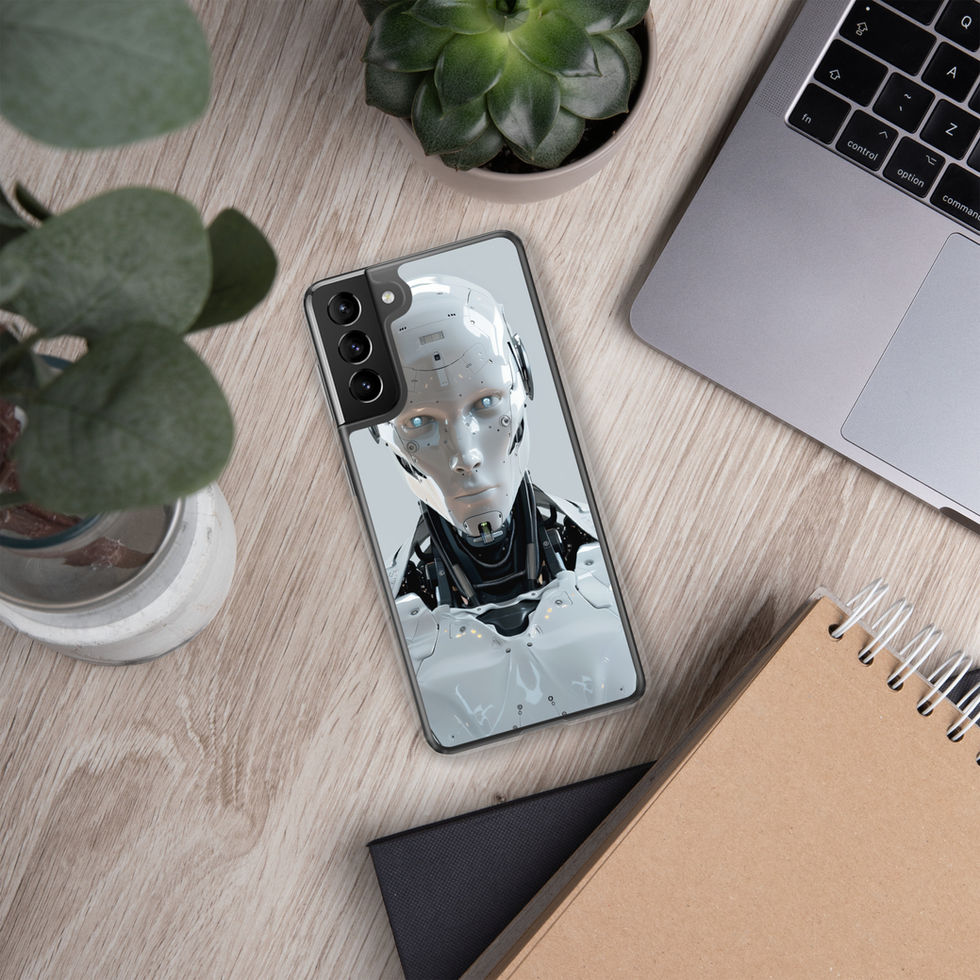 polished futuristic robot portrait on Samsung clear protective case, upright studio product view