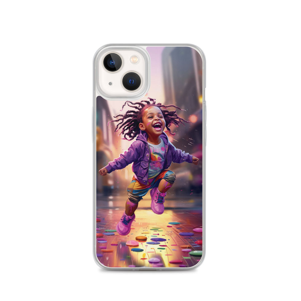 Cheerful device case balancing clear borders with expressive rainbow art