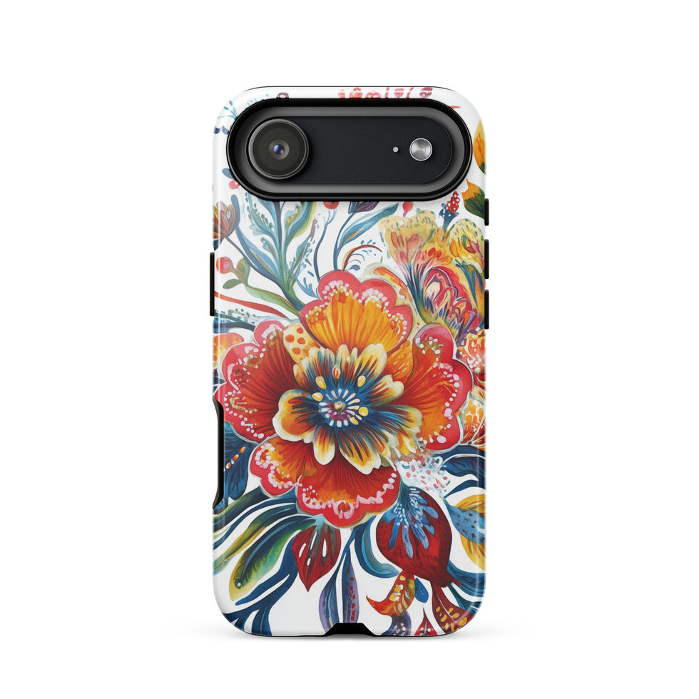 Sunfire Bloom tough floral phone case for iPhone 17 Air, rear view showing the radiant warm flowers and blue accents